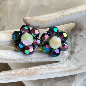 VTG Iridescent Teal Cream Beaded AB Midcentury Glam Flower Clip-On Earrings 50s